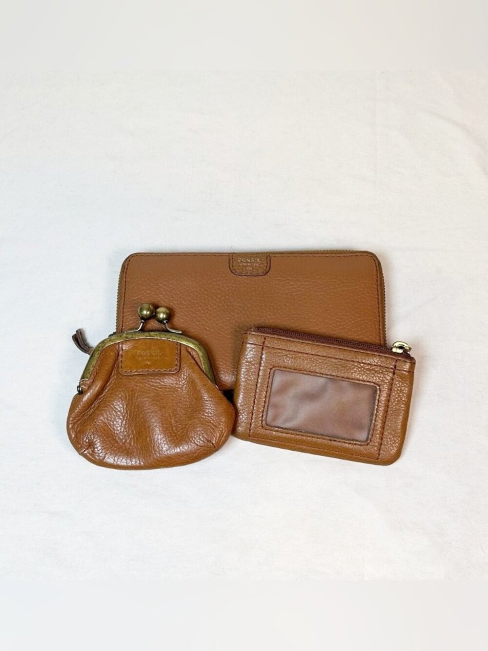 Vintage Lot of 3 Fossil Brown Leather Wallet Kiss Lock & Zip Change Purse